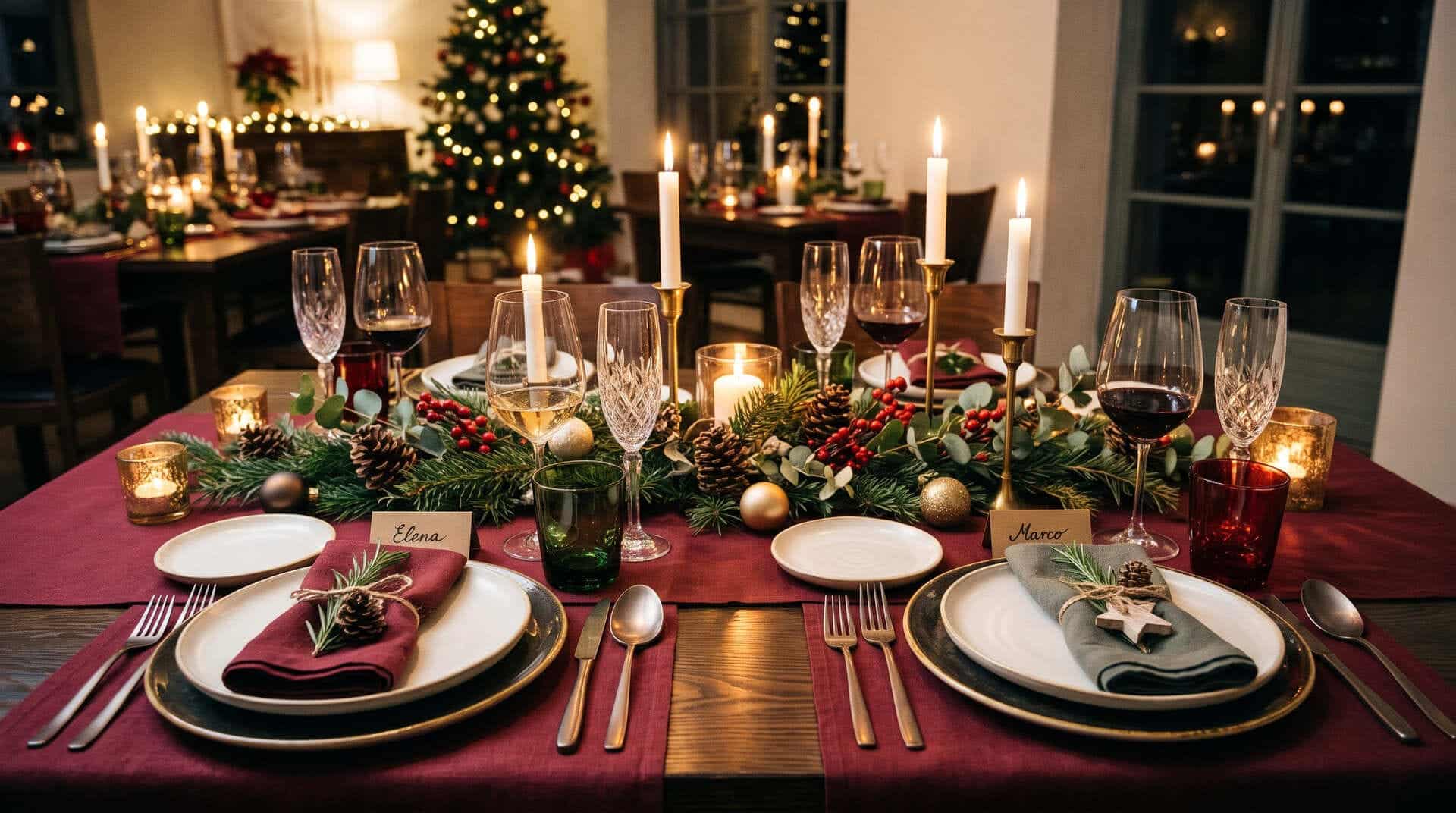 Tavola ristorante con addobbo natalizio, tovaglia bianca e coprimacchia per le feste - Lavanderia Padana